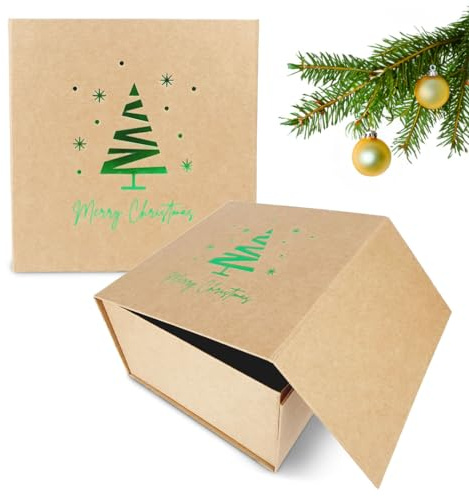 Verpackungswelt Geschenk-Box Weihnachten (1 Stk.) | 20x20x12 cm | Geschenk-Karton mit Deckel & Magnet-Verschluss | Für Weihnachts-Geschenke | Weihnachts-Verpackung mit Weihnachtsbaum-Motiv in Grün
