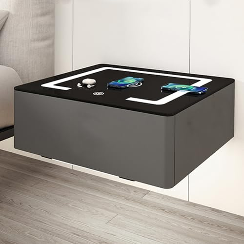 Schwebender Intelligenter Nachttisch mit Ladestation und LED-Leuchten, Nachttischchen zur Wandmontage Tischplatte Aus Gehärtetem Glas mit Automatischem Sensorlicht und Mikrofaserleder ( Color : Dark g