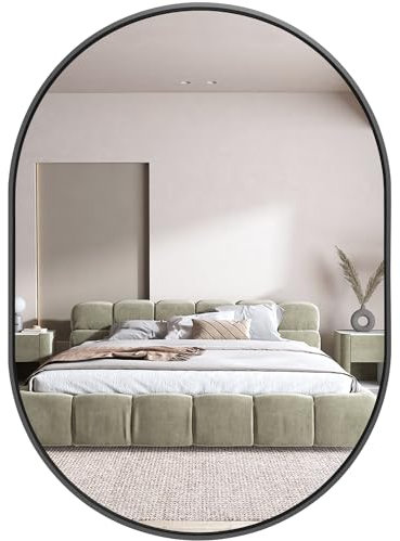 Amazing Tour 50 x 70cm Large Modern Oval Mirror Black Brushed Frame Wall Metal Framed HD Glass Wall Mirrors for Makeup Bathroom Living Room