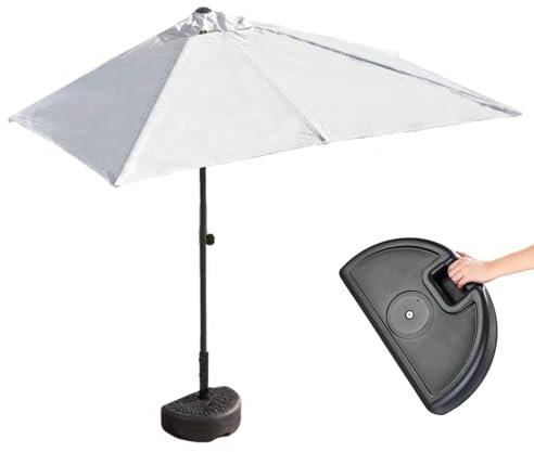 Halber Sonnenschirm, Sonnenschirm Halb – 8,2 Fuß/6,6 Fuß Halber Terrassenschirm mit Druckknopf-Hebung/einfacher Kurbel – Kleines Vordach für Balkon, Tisch Oder Terrasse – mit Sockel ( Color : White+Li