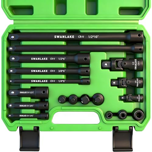 18-piece Impact Socket Extension Set Tools, Swivel Universal Joint, Deep 1/4, 3/8, 1/2 Drive Socket Adapter, Extension Bar, 3 Ratchet Coupler, CR-V Steel Alloy Corrosion-Resistant Mechanic Tools