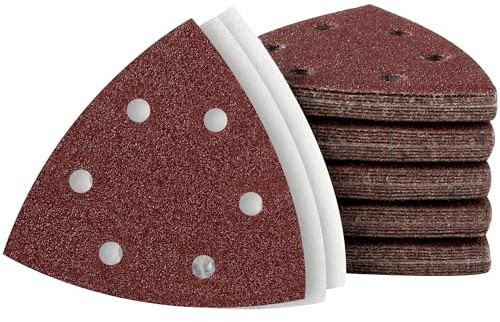 MIDO Professional Abrasive Lot de 50 patins abrasifs triangulaires 93 mm Grain 60 6 trous Feuilles abrasives à crochet et boucle