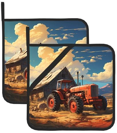 Quadratisches, isoliertes Topf-Set mit 2 Haltern, Bauernhof-Rot-Traktor-Bild, hitzebeständige Küchenmatten, Verbrühungsschutz und Wärmeisolierung, 20,3 x 20,3 cm
