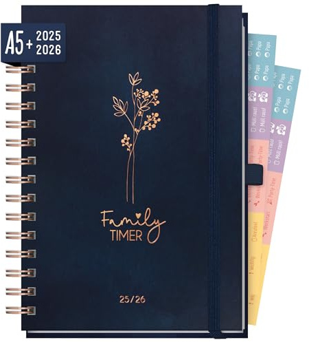 Häfft® Family-Timer Deluxe 2025/2026 A5 Cute Flower Familienkalender 4 Spalten, Spiral-Buchkalender Familienplaner für 18 Monate: Juli 25 bis Dez 26 - nachhaltig & klimafreundlich