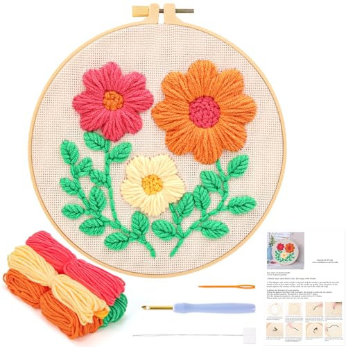 JSRQT Punch Needle Embroidery Starter Kit Floral Leaf Beginner Rug Hooking with Hoops Instructions Handcraft for Adults Rug-Punch & Pinch Cross Stitch Craft
