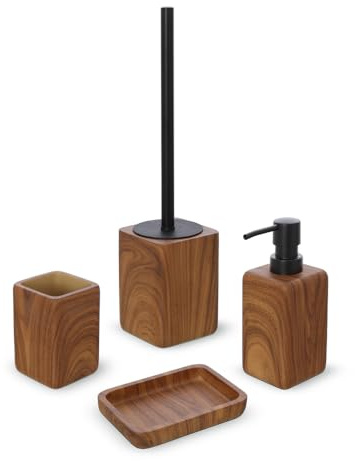 Inbagno Set Accessori Bagno 4 Pezzi con Dispenser Sapone Liquido, Bicchiere Porta Spazzolini, Porta Saponetta E Porta Scopino WC in Poliresina Effetto Legno della Linea Radici