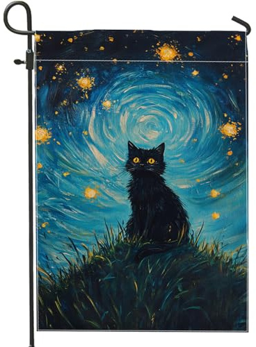 Bezaubernde Katzen-Gartenflagge, Nachthimmel-Dekoration, Herbst-Winter-Outdoor-Hofflagge, fantasievoller Kunststil für Haus und Garten, Dekoration, 30,5 x 45,7 cm