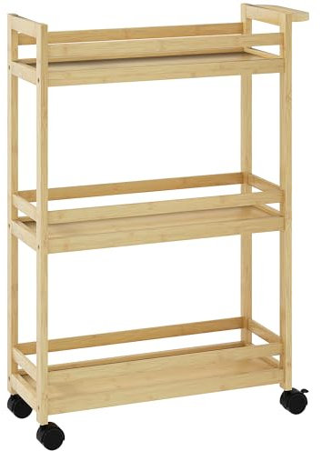 HOMCOM Estantería de Baño de Bambú de 3 Niveles Carrito Auxiliar de Almacenaje con Ruedas para Salón Cocina 55x20x75 cm Natural