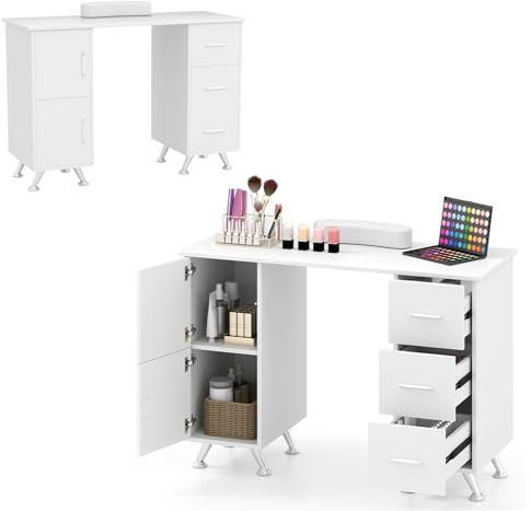 HOMASIS Table de Manucure en Bois, Bureau à Ongles avec 3 Tiroirs, 2 Armoires, Repose-Poignet Amovible, Table Onglerie Pieds Métalliques pour Salon de Beauté, Maquillage, Bureau (Blanc)