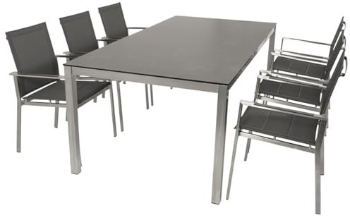 DEGAMO Gartengarnitur Sydney 7-teilig Edelstahl (6X Stapelsessel gepolstertes Kunstgewebe grau und 1x Tisch in Keramikoptik 200x100cm), Outdoor wetterfest