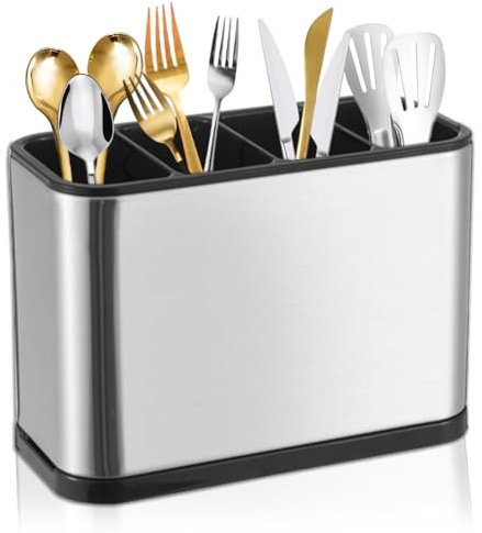 4 Fächer Besteckhalter, Besteckhalter Tisch, Utensilienhalter Küche mit Abtropfgestell, Rostfreier Besteckorganizer für Küche, Esszimmer, für Essstäbchen, Löffel, Messer und Gabeln (18x8,6x13cm)