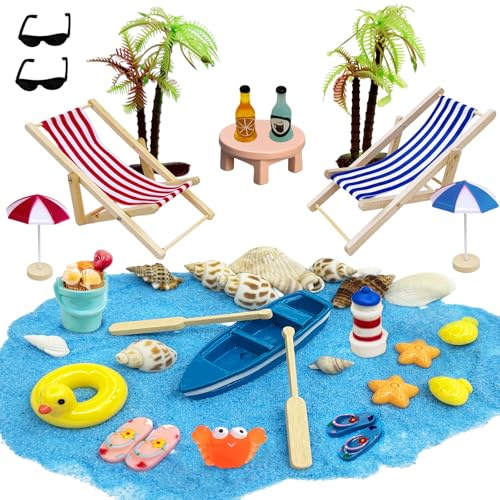 29 Stück Strand-Mikrolandschaft Miniatur Dekoration DIY Mini-Strand Deko | Strandkorb Sonnenschirm Kleine Palme Segelboot Leuchtturm Muschel Deko DIY Garten-Deko Puppenhaus Dekoration