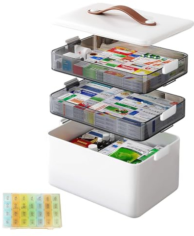 Petyoung Caja de medicamentos de 3 pisos con asa y compartimento extraíble, portátil, para el hogar y viajes, color blanco