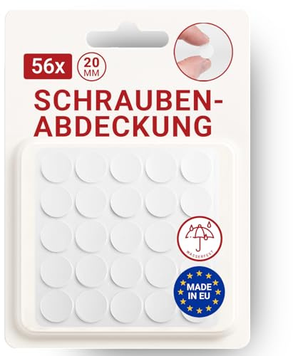 LouMaxx Abdeckkappen für Schrauben rund, Weiß Ø 20 mm – 56er Set selbstklebende Abdeckkappen für Bohrlöcher und kleine Beschädigungen – Universelle Schraubenabdeckung weiss made in EU