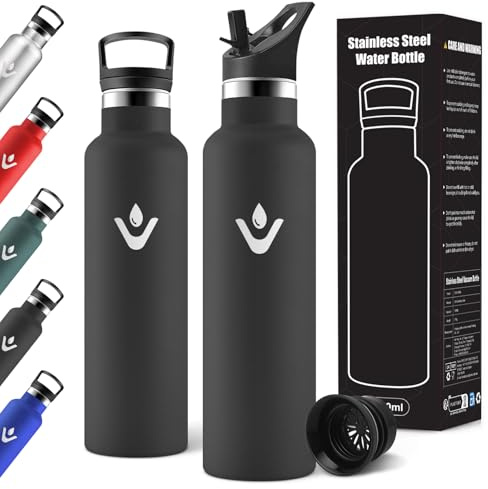 Motswedi Borraccia Termica, 750ml Con 2 Tappi, Borraccia con Cannuccia, Doppia Parete, Bottiglia Termica, A Prova di Perdite, Bottiglia acqua Per Scuola, Campeggio, Palestra, Sport, Nero