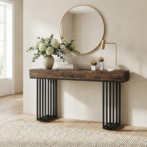 Lailang 140cm Konsolentisch, Schmaler Tisch, Sideboard Industrial Style, Eingangstisch Wohnzimmer, Konsolentisch Holz Schwarz, Extra Long Console Table, 140 x 30 x 75 cm, Braun
