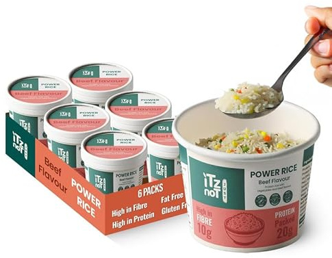 iTz noT Instant Power Protein Rice Pot – Beef Flavour with Veggies (6×110g) - Plant-Based- High Protein (20g), High Fibre (10g), Low Carb & Gluten Free, Fat Free, Instant Meal | Ready to Eat