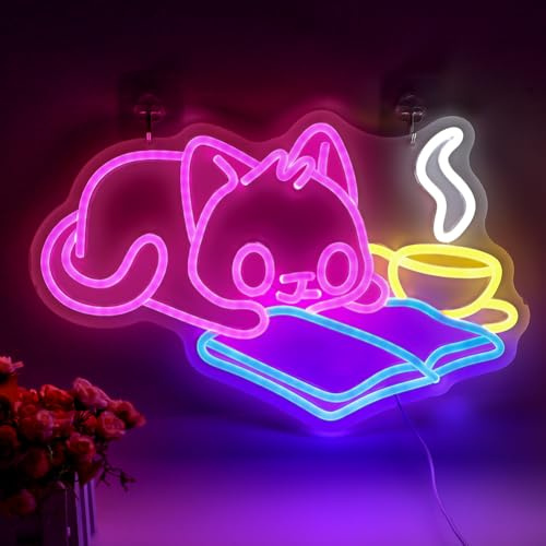 RANJIMA LED Neonlicht, Lesende Katze Neon Schild Led Schild für Wand Dekor Neon Schild Bar Wanddekoration für Kaffee Bar Gaming Zimmer Klassenzimmer Leseecke Buchclub Cocktail Party Salon Café