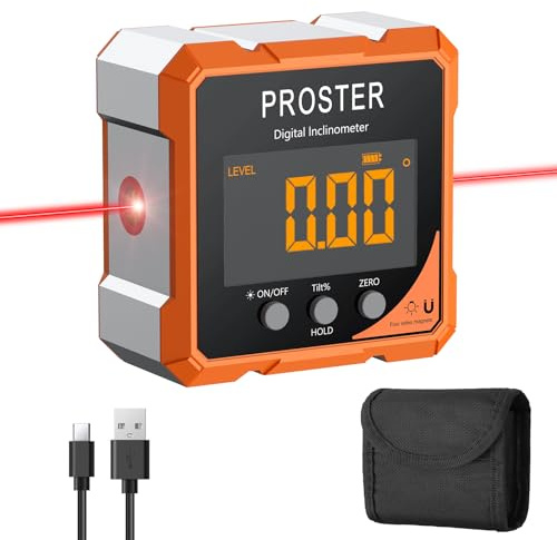 Proster Digitaler Winkelmesser Neigungsmesser Laser Wasserwaage mit 4-seitigem Magneten Winkelmessgerät für Holzwerkstatt Heimwerkstatt Baustelle DIY Dekoration LCD VA-Display IP54 aufladbar