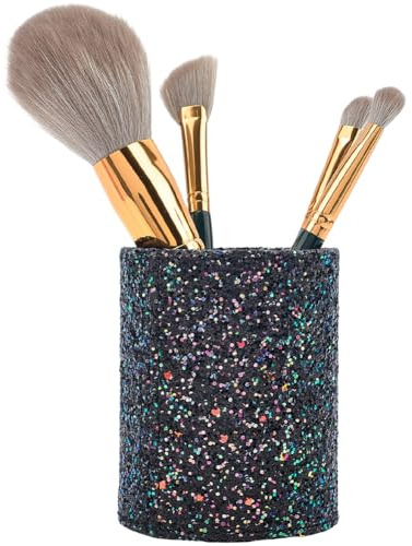 CALFOVERA Glänzender Stiftebecher Aus PU Leder Mit Schwarzem Glitzer Make Up Pinselhalter Multifunktionaler Schreibwarenbehälter Runder Luxus Stiftehalter Aus Leder Schreibtisch Organizer