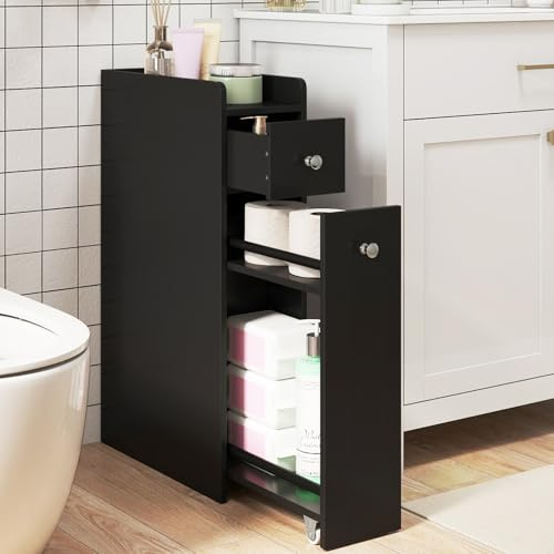 COSTWAY Petit Meuble Salle de Bain, Meuble Rangement WC 4 Niveaux, Tiroirs Coulissants sur roulettes, Armoire de Toilette avec Tiroir, pour Papier Toilette, Petit Espace, 40 x 18 x 70 cm (Noir)