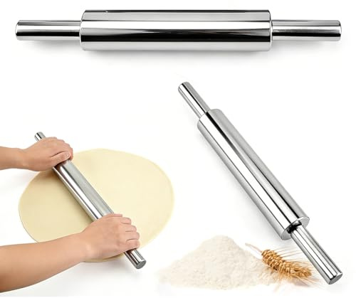 Brödkavel i rostfritt stål 43 cm, non-stick kavel rostfritt stål, kavel med handtag, roterande derulle, baktillbehör, rullstift för fondant, pizza, dumplings, bröd, kakor, pastadeg, mördeg