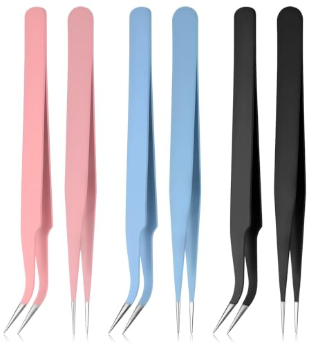 JJUNW 6 stycken ögonfranspincetter, ögonfranspincett rak och böjd, pincett av rostfritt stål, professionella pincettögonfransar, ögonfranspincett för ögonfransförlängningar, pyssel, klistermärken, gör