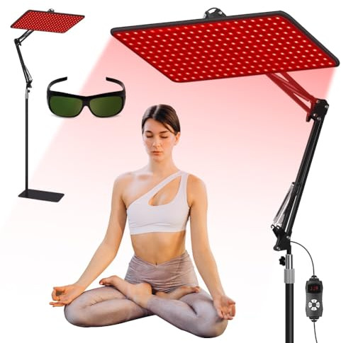Zinueen Rotlichtlampe für Ganzkörper & Gesicht, Infrarotlampe mit 200 LED, 5 Helligkeitsstufen & Tri-Wellenlängen (660/850/940 nm), Großes Panel mit verstellbarem Ständer & Schutzbrille (200 LED)
