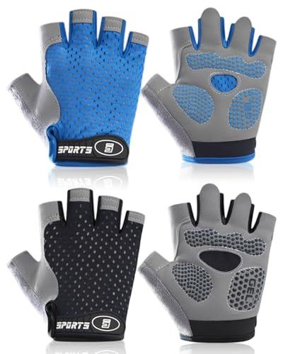 LOZTBUE 2 paia guanti sportivi per bambini, mezze dita, antiscivolo, palmo protetto, seta di ghiaccio, rete elastica, per ciclismo, pattinaggio