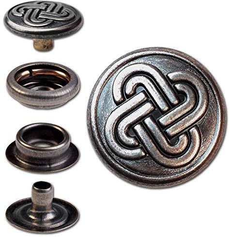 15 Sets Brass (Nickel Free) Snap Fastener Button, Rapid Rivet Button, Press Snap Button, 15.2 mm, Celtic Knotwork 2, Finish: Nickel-Antique
