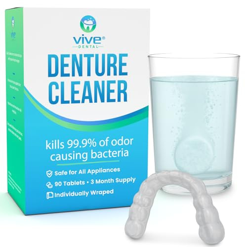 Vive Dental Retainer & Denture Tabs - Cleaner Tablets - for Mouthguard, Night Guard, Removable Partial or Full False Teeth - Overnight, Antibacterial Cleanse - Cleaning Removes Stains, Plaque, Odor