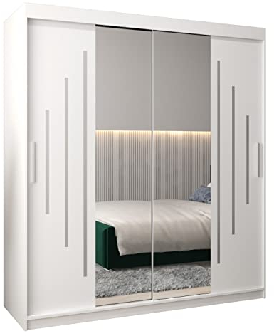MEBLE KRYSPOL York 1 180 Schlafzimmerschrank mit Zwei Schiebetüren, Spiegel, Kleiderstange und Regalen – 180x200x62cm - Mattweiß
