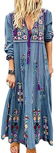 ORANDESIGNE Robe Longue Femme Grande Taille Manches Longues Col V Automne Broderie Fleur Boho Maxi Dress Élégante Cocktail Bohème Robes A Bleu 50