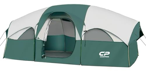 CAMPROS CP Tent 8 Person Camping Tents, Weather Resistant Family Tent, 5 Large Mesh Windows, Double Layer, Divided Curtain for Separated Room, Portable with Carry Bag - Dark Green