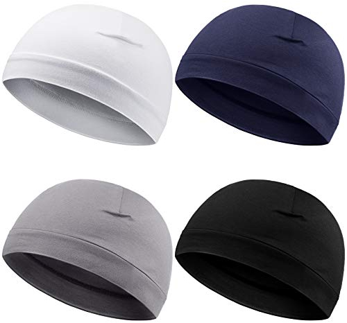 Syhood 4 Stücke Herren Schädelkappen Weich Baumwolle Mütze Schlafmützen Dehnbar Helmfutter Multifunktionale Kopfbedeckung für Herren Damen (Weiß, Grau, Marineblau, Schwarz)