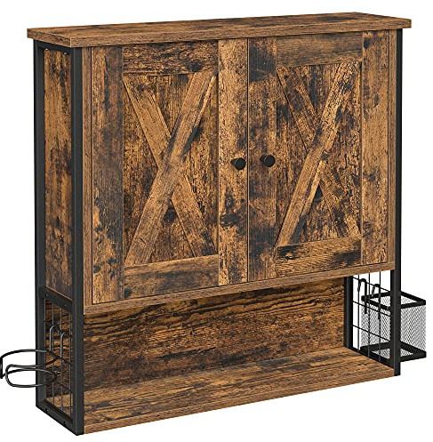 VASAGLE Badezimmerschrank, mit 2 Türen, mit Haartrocknerhalter | Badschrank, Wandschrank, verstellbare Einlegeböden, Industrie-Design, vintagebraun-schwarz, DAXTON Kollektion BBK123B01