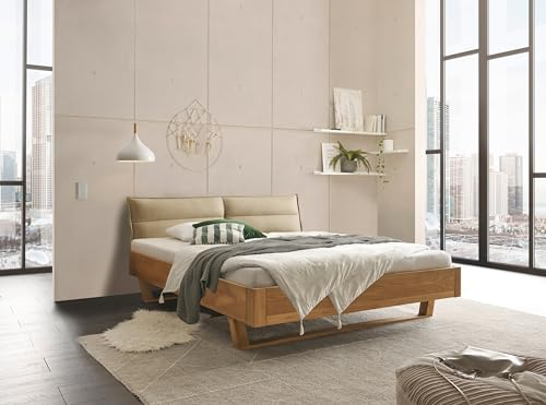 möbelando TJARK Modernes Massivholzbett 180x200 - Komfortables & hochwertiges Balkenbett mit gepolstertem Kopfteil - 186 x 89 x 219 cm (B/H/T)