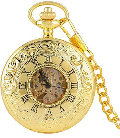 YIHANSS Top Luxus Gold Farbe Antike Mechanische Skelett Taschenuhr Handaufzug Doppel Offene Seite Kette Stunde Uhr