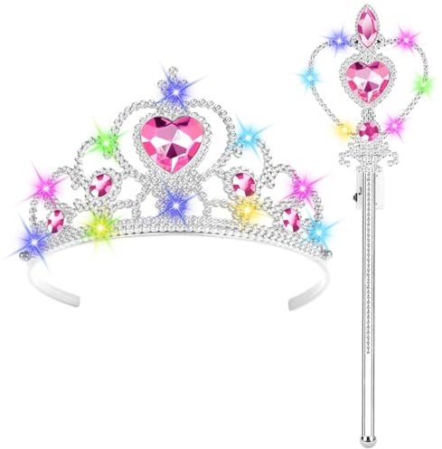 HOTUT Prinzessin Verkleiden,Prinzessin Zubehör Set,Eiskönigin Krone und Zauberstab mit Licht,Prinzessin Dress Up,Mädchen Dress up Zubehör für Party, Cosplay（Magentarosa）