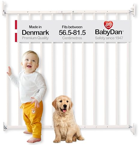 BabyDan Ebeltoft säkerhetsgrind – babygrind för smala öppningar (56,5-81,5 cm) – väggmonterad trappgrind för spädbarn och husdjur – justerbar och hållbar, vit, metall