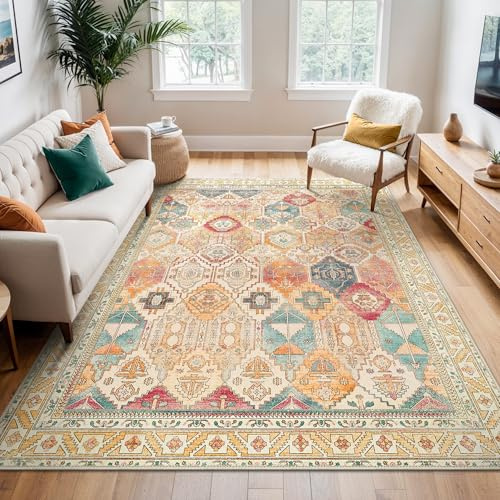 BEIMO 120x170cm Area Rugs for Bedroom,Vintage Boho Carpets for Living Room Non Slip Machine Washable Rug Short Low Pile Rug for Kitchen Dining, Hallway, Office-Orange