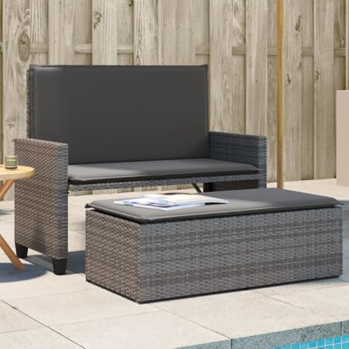 XINCXIN Gartenbank, balkonbank sitzbank Balkon Outdoor loungesofa Outdoor gartenbank wetterfest Geeignet für Patio Balcony Yard Porch mit Kissen und Hocker Grau Poly Rattan