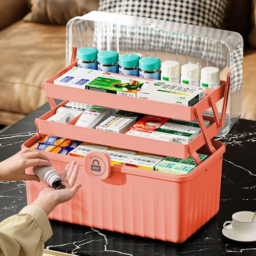 MaxEarn Hausapotheke Medikamentenbox | 3 Etagen, großer Organizer, Rosa | Medizin-Aufbewahrungsbox, Erste-Hilfe-Koffer und Mehrzweck-Sortierbox für Medikamente, Kosmetik und Haarschmuck