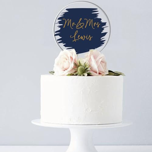 Personalised Wedding Day Acrylic Cake Topper for Weddings – Custom Mr & Mr, Mr & Mrs, or Mrs & Mrs with Surname in 10 Colour Options For Anniversay Too! (Navy)