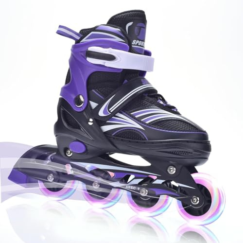 ERNAN Rollers en Ligne,Patins à roulettes en Ligne Réglables pour Enfants Filles Garçons Débutants,Patins à roulettes en Ligne avec Roues LED Idéales pour Les Garçons Filles Homme Femme (Purple, L)