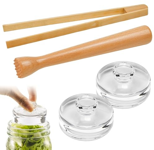 Vunanvu 4 Pezzi Set di Accessori per Fermentazione con 2 Pesi in Vetro per Fermentazione 7 cm, Bastone da Schiacciamento di Fermentato e Pinza Fermentazione per la Fermentazione dei Crauti Kimchi