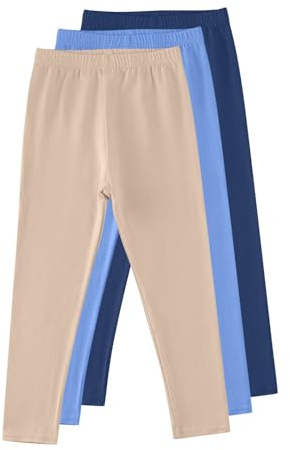 3-Pack Girls Basic Solid Comfy Cotton Tights Stretch Casual Elastic High Waisted Athletic Dance Pants for Kids 3-13 Years