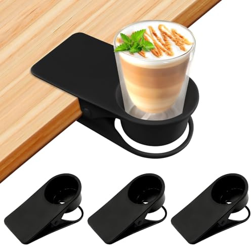 TOROKOM Drinking Cup Holder Clip, 3PCS Chair Desk Bottle Cup Stand Glass Clamp Storage Saucer Clip with Groove for Potted Plant Beverage Coffee Mug Holder for Home & Office (3PCS Black)