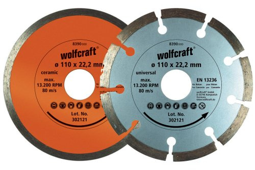 wolfcraft 8390000 2 Disques Diamant à Tronçonner Ø 110 Mm, Alésage 22,2 Mm, en 13236 : 1 Disque Segmenté + 1 Disque à Carrelage,argent