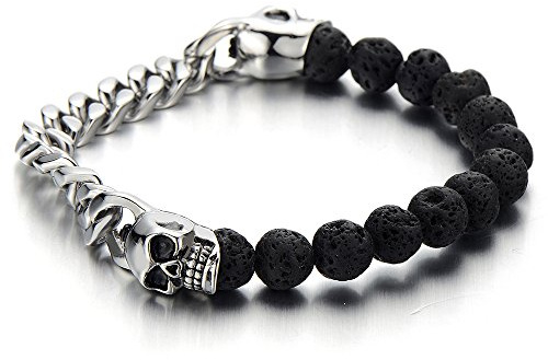 COOLSTEELANDBEYOND Hombre Cadena Barbada Pulsera Perlas, 8MM Negro Piedra Volcánica Volcán Rocas de Lava, Brazalete Cráneo Calavera Acero
